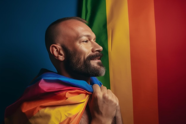 Expressive pride photo of a gay man with a rainbow flag Pride month background wallpaper