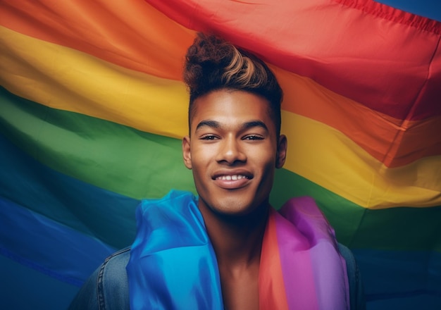 Expressive pride photo of a gay man with a rainbow flag Pride month background wallpaper