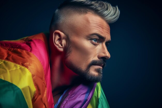 Expressive pride photo of a gay man with a rainbow flag Pride month background wallpaper