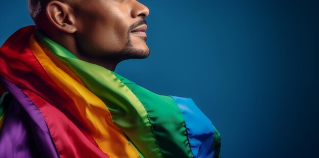 Expressive pride photo of a gay man with a rainbow flag pride month background wallpaper