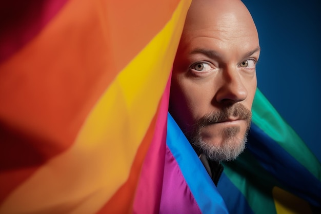 Expressive pride photo of a gay man with a rainbow flag pride month background wallpaper