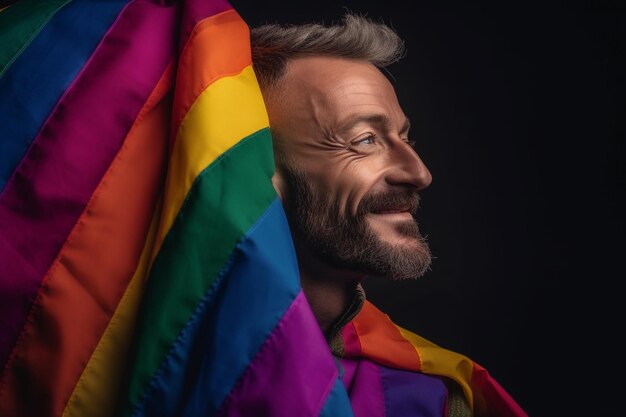 Expressive pride photo of a gay man with a rainbow flag pride month background wallpaper