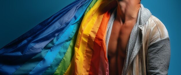 Photo expressive pride photo of a gay man with a rainbow flag pride month background wallpaper