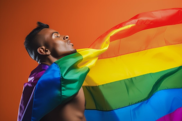 Expressive pride photo of a gay man with a rainbow flag Pride month background wallpaper