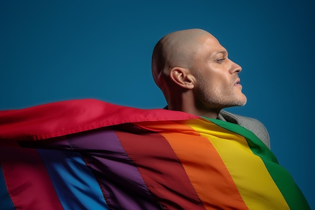 Expressive pride photo of a gay man with a rainbow flag Pride month background wallpaper