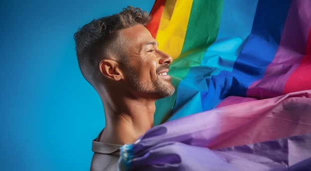 Expressive pride photo of a gay man with a rainbow flag Pride month background wallpaper