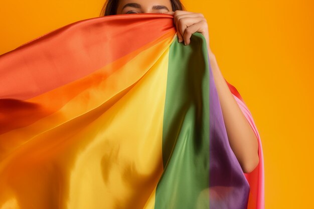 Expressive pride photo of a gay woman with rainbow flag patterns pride month lesbian background