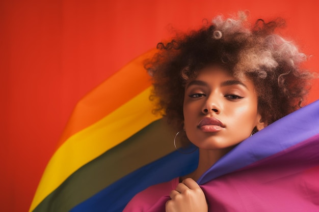 Photo expressive pride photo of a gay woman with rainbow flag patterns pride month lesbian background