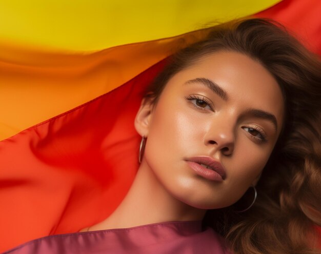 Expressive pride photo of a gay woman with rainbow flag patterns pride month lesbian background