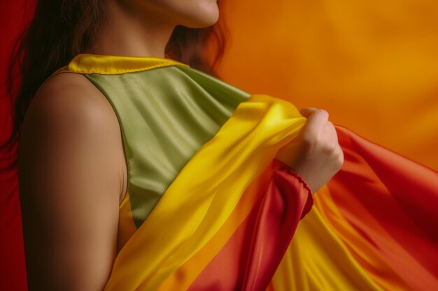 Expressive pride photo of a gay woman with rainbow flag patterns pride month lesbian background