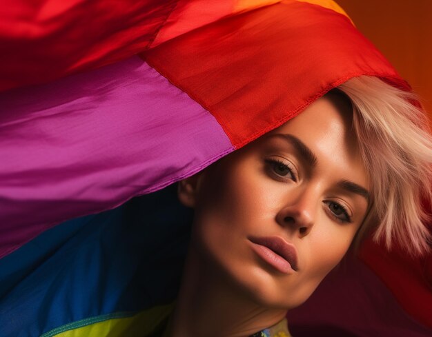 Expressive pride photo of a gay woman with a rainbow flag pride month lesbian background wallpaper