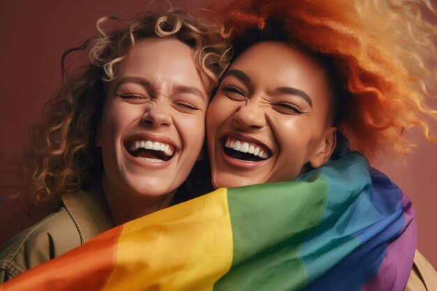 虹の旗を持つレズビアンのカップルの表現力豊かなプライド写真プライド月の背景の壁紙