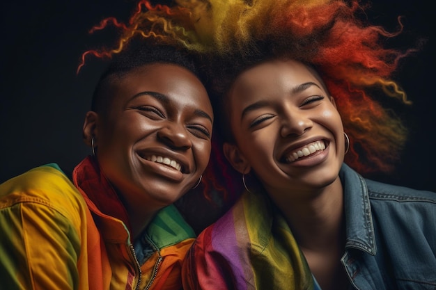 Expressive pride photo of a lesbian couple with a rainbow flag Pride month background wallpaper