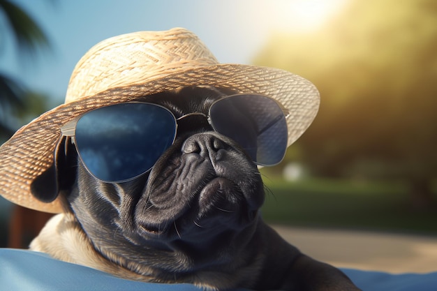 An expressive Pug puppy wearing oversized sunglass 00668 02