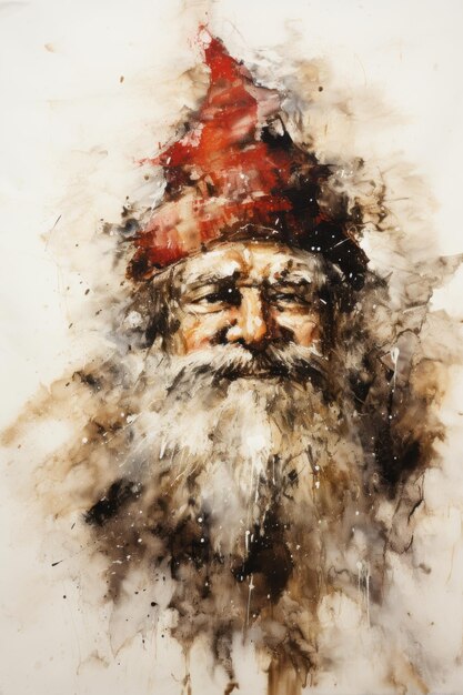 Expressive watercolor Santa Claus amidst snowy abstract splatters 46