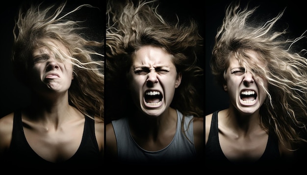 Foto una donna espressiva affronta ritratti di intense emozioni in azione