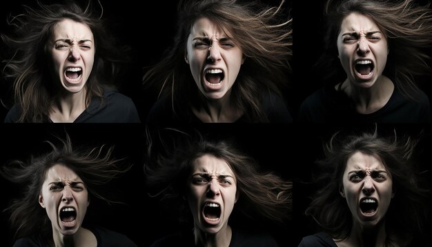 Фото Выразительная женщина сталкивается с портретами интенсивных эмоций в действии