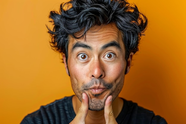 Photo expressive young man making funny face against orange background