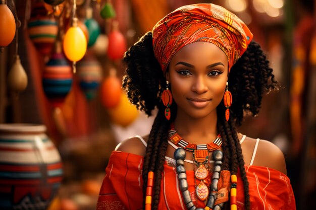 伝統的な衣装とアクセサリーを身に着け背景のパターンに合わせて装飾された優雅なアフリカの女性