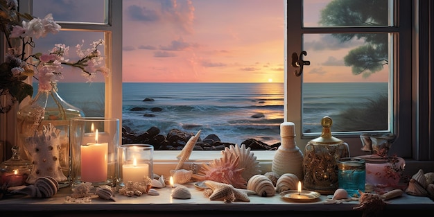 Exquisite arrangement of perfume bottles candles and seashells on a surface overlooking a calming sea view through a window