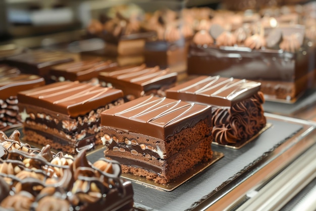 Photo exquisite assorted chocolate cakes displayed in bakery case with elegant garnishing