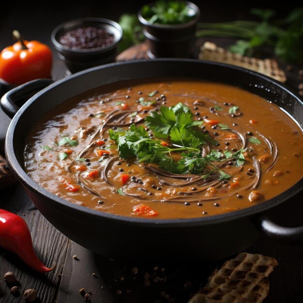 Exquisite bowl of soup and chili in dark orange and black