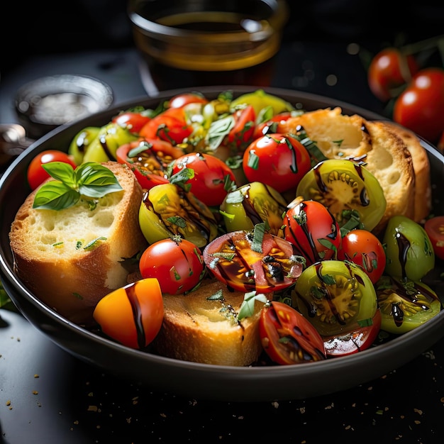 Exquisite bowl of toast cherry tomatoes and garlic