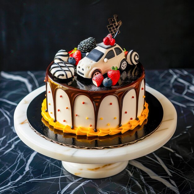 写真 チョコレートとフルーツの装飾が付いた美味しいケーキ