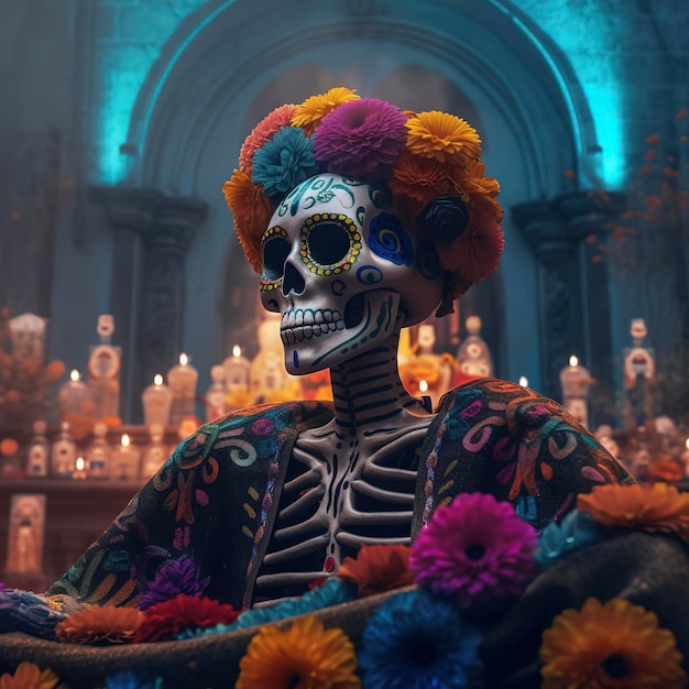 Day of the Dead 제단의 선명한 색상의 절묘한 Catrina Generative AI