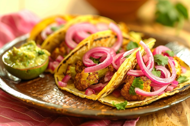 Photo exquisite cauliflower and red onion tacos recipe with tangy mango avocado salsa