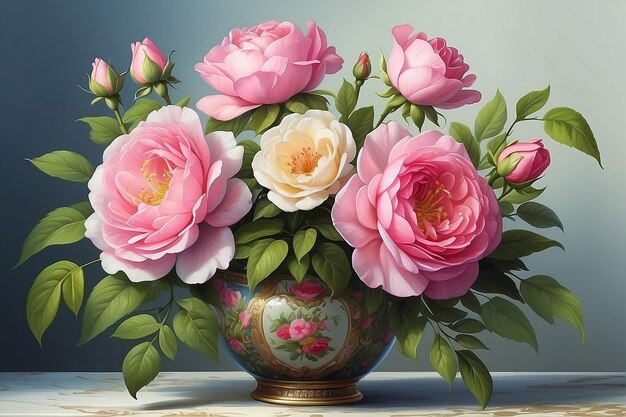 Exquisite China Rose Bouquet Digital Painting