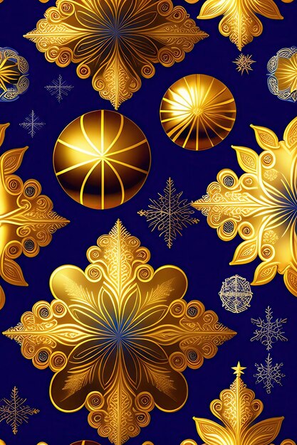 深い青色の背景に絶妙なクリスマスの金色のフィリグリー。シームレスな背景パターン