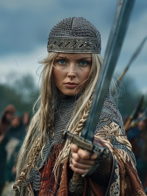 Прекрасное изображение изображает славянскую воинку, надевающую свою цепную доспехи, в поразительном портрете