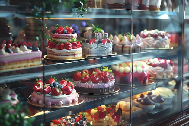 Exquisite desserts displayed in pastry shops