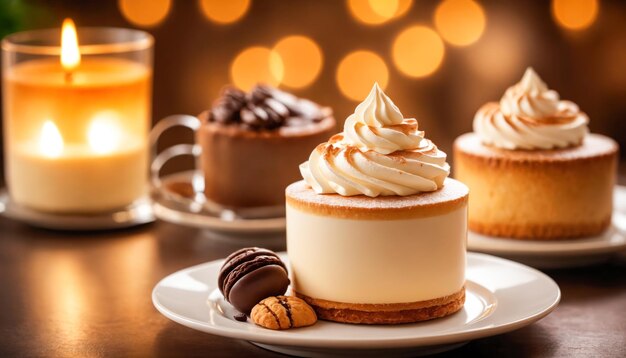 Photo exquisite desserts and specialty coffee served in a refined pastry shop with a soft and radiant bokeh background