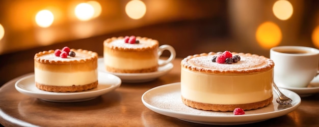 Photo exquisite desserts and specialty coffee served in a refined pastry shop with a soft and radiant bokeh background