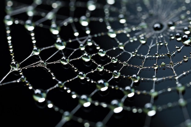 Exquisite detail of a spider's web jeweled with morning dew