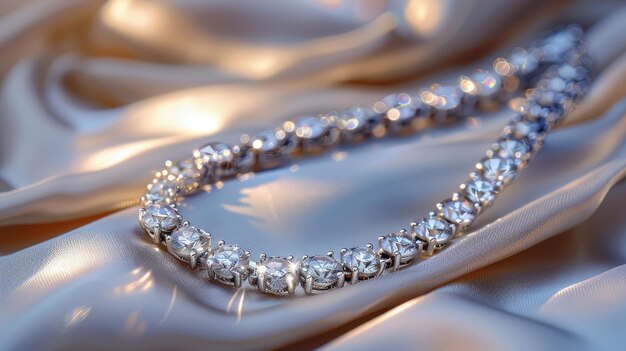 素敵 な ダイヤモンド の ネックレス が サテン の 布 に 優雅 に 包まれ て いる