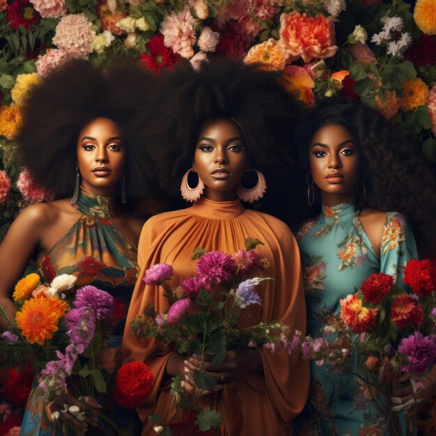 Photo exquisite diversity a vibrant bouquet blooming with melanin queens