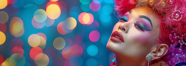 Photo an exquisite drag queen appearing on a stage with dramatic lighting and vibrant backdrops while wearing colourful wigs and makeup