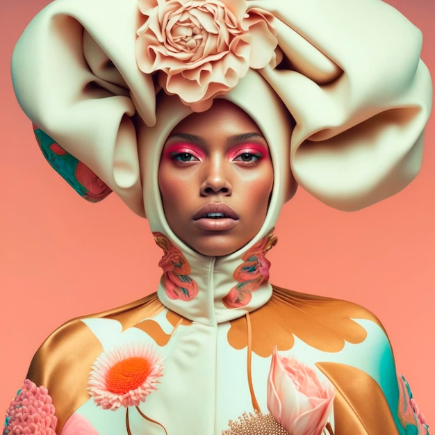 Exquisite Elegance A Black Model39s Fashion Portrait with a Unique Sack Hat Pastel Suit against a Salmon Backdrop