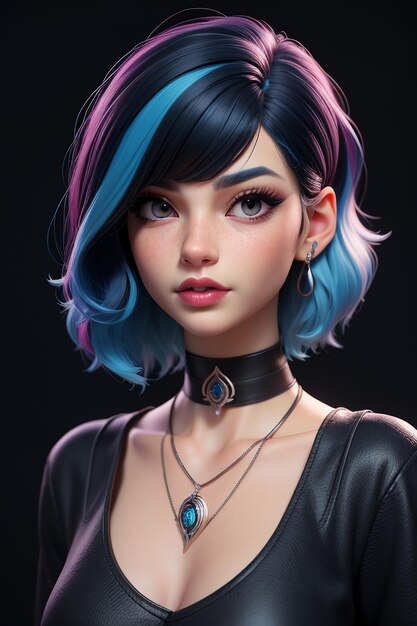 Exquisite facial features cartoon anime blue purple hair beautiful girl avatar game character