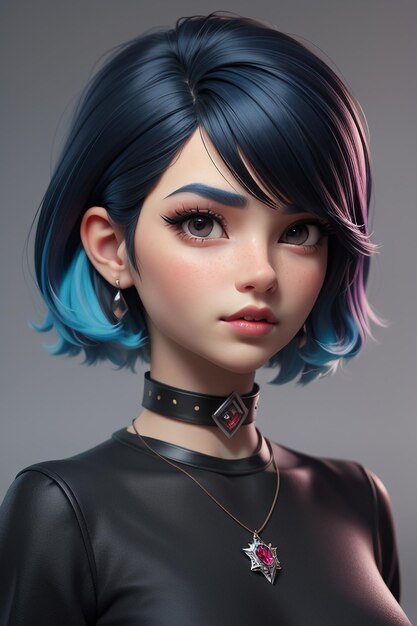 Exquisite facial features cartoon anime blue purple hair beautiful girl avatar game character