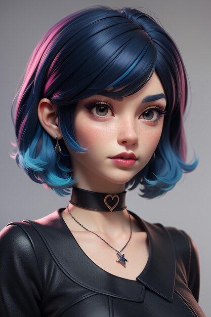 Exquisite facial features cartoon anime blue purple hair beautiful girl avatar game character