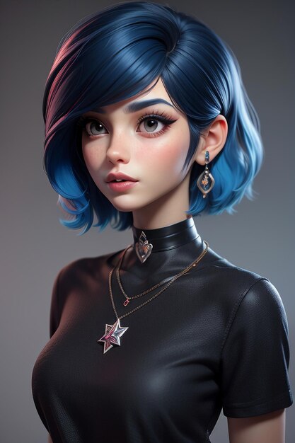 Exquisite facial features cartoon anime blue purple hair beautiful girl avatar game character