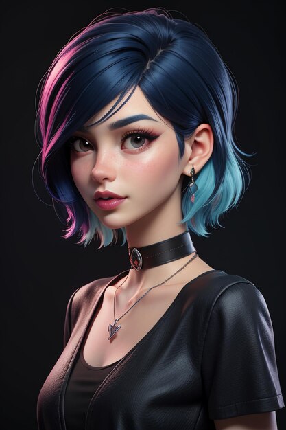 Exquisite facial features cartoon anime blue purple hair beautiful girl avatar game character