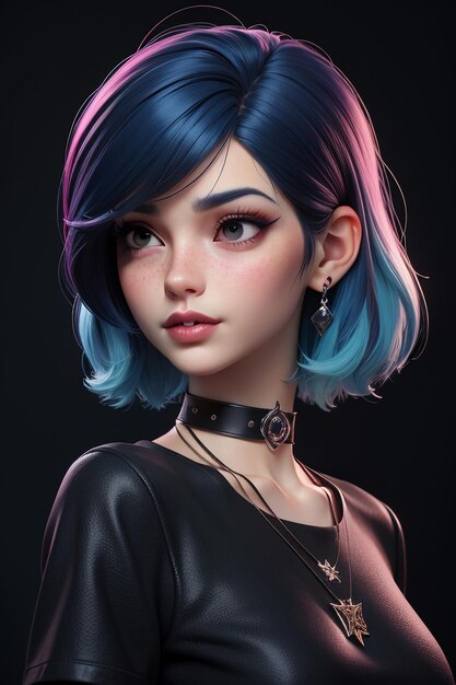 Exquisite facial features cartoon anime blue purple hair beautiful girl avatar game character