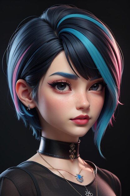 Exquisite facial features cartoon anime blue purple hair beautiful girl avatar game character