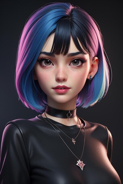 Exquisite facial features cartoon anime blue purple hair beautiful girl avatar game character