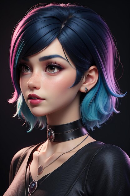 Exquisite facial features cartoon anime blue purple hair beautiful girl avatar game character